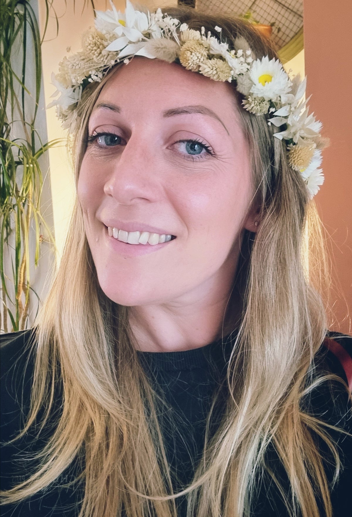 A dried flower crown pictured on Chloe, founder of Sown and Wild