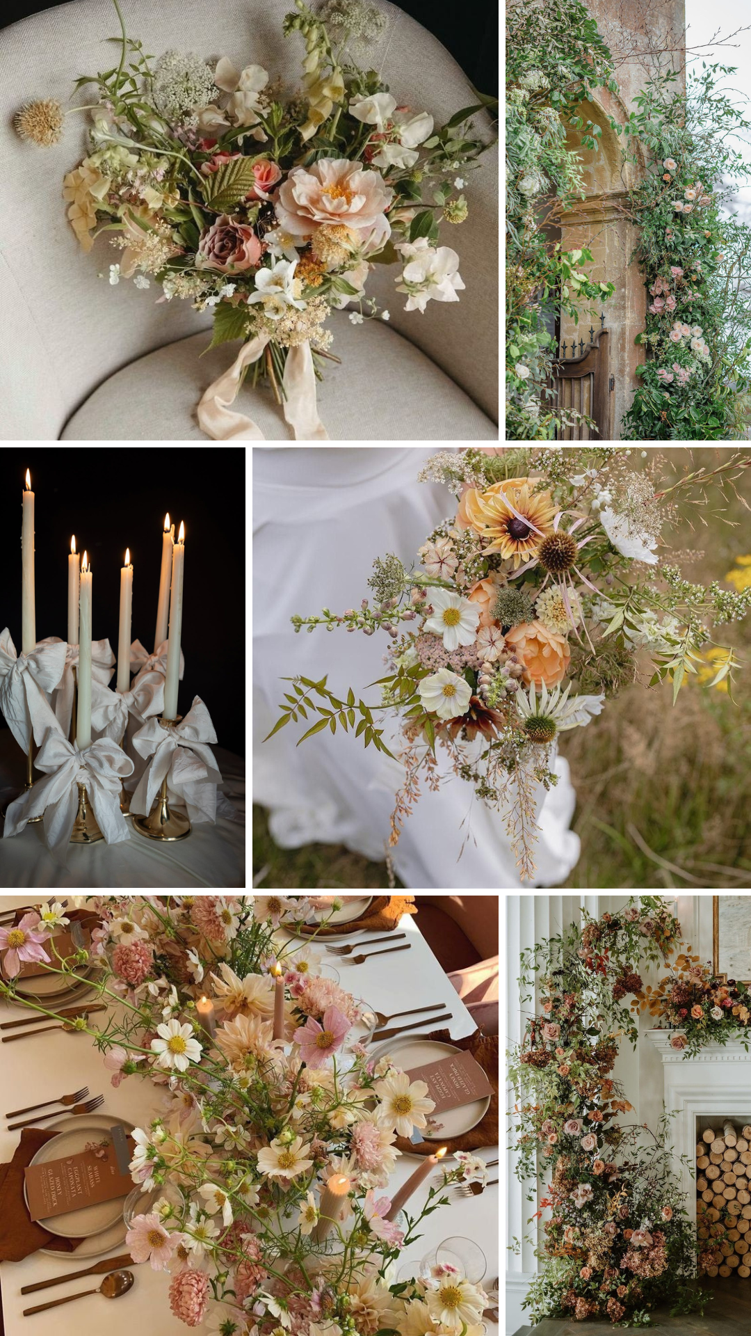 A six-panel collage showcasing rustic, bohemian, and wedding floral decor. The arrangements feature soft pastel flowers in pink, peach, cream, and green, styled with dried elements, greenery, candles, and a fireplace mantel.