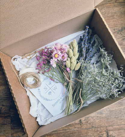 DIY Dried flower kit pictured in a kraft box