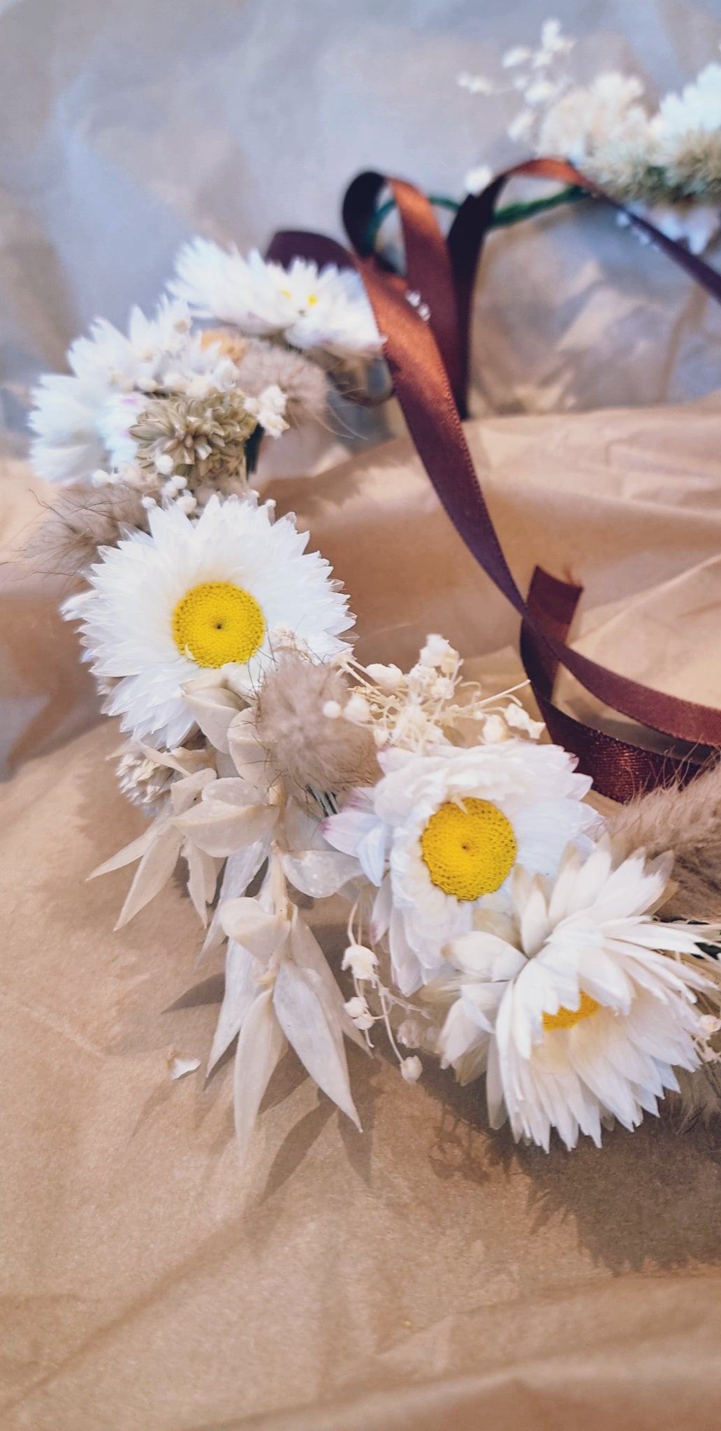 A close up image of white dried flower daisies
