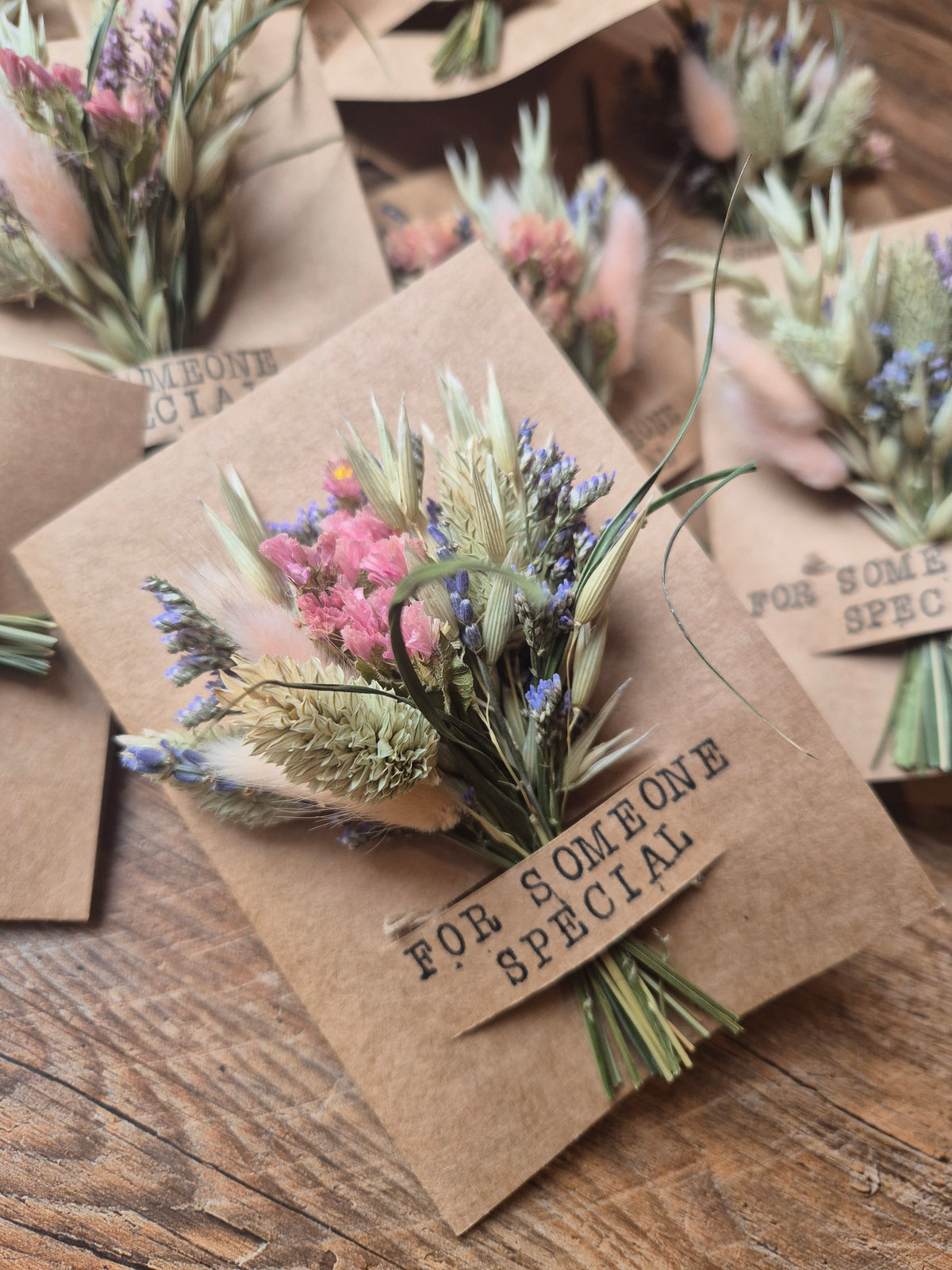 Dried flower posy presented on a brown card saying 'for someone special'.