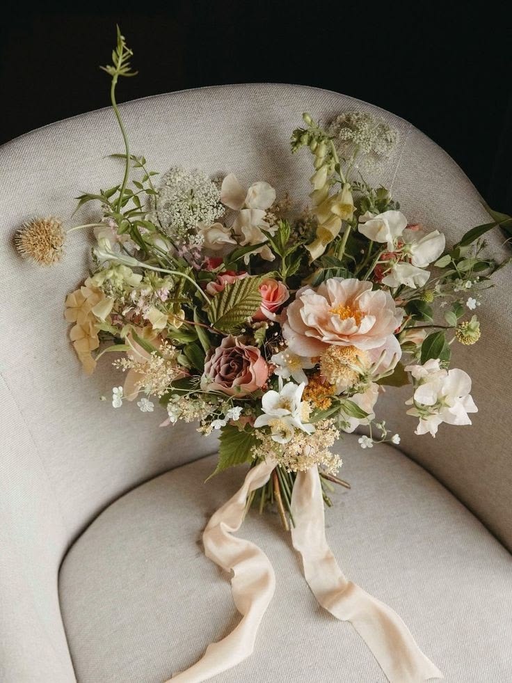 A romantic bridal bouquet with cream, blush, and peach flowers, green foliage, and a cream satin ribbon, resting on a light beige upholstered armchair against a dark background.
