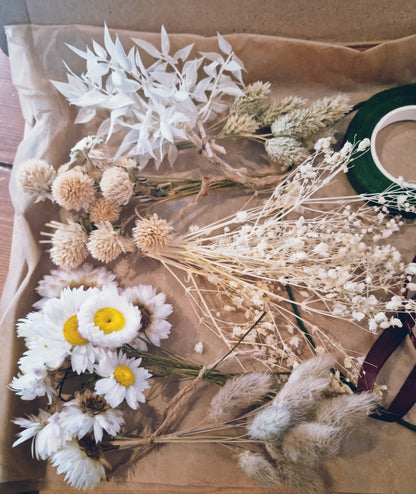 A selection of neutral dried flowers for the DIY floral crown kit